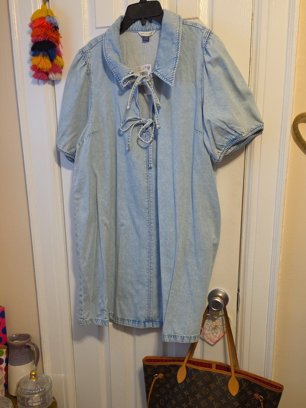 NWT AE Light Wash Denim Tie-Front Short Sleeve DRESS WITH PUFF SLEEVE
